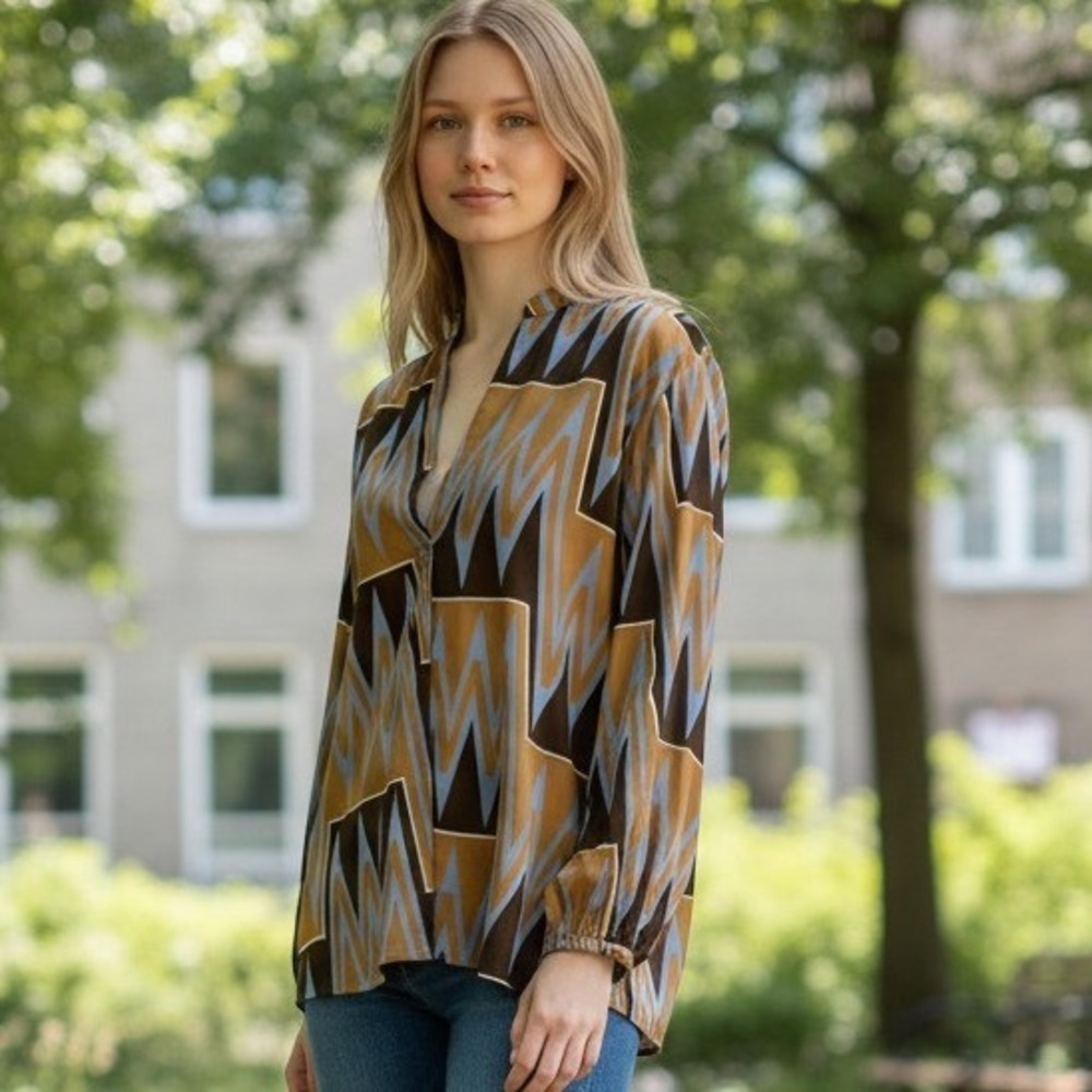 Patty Kim Blouse Womens S Brown Blue Geometric Print V Neck Boho Tunic Top